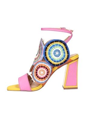 EXE ~ Colorful Sandals Circular Geometric Design Block Heel Ankle Strap size 40